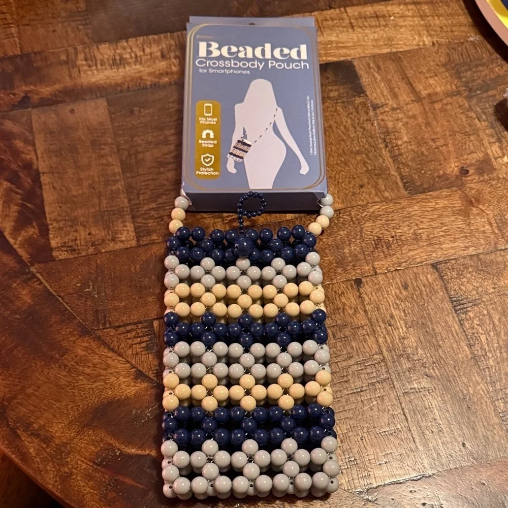 Beaded Crossbody Pouch - Navy, Cream, and Yellow